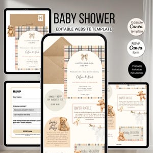 以下が含まれることがあります： ベージュのチェック柄、テディベアのイラスト、Baby Shower、A Little One Is On The Way、RSVP、Diaper Raffle、Baby Registryなどのテキストを含む、ベビーシャワー用のデジタルウェブサイトテンプレート。編集可能なCanva要素が含まれています。