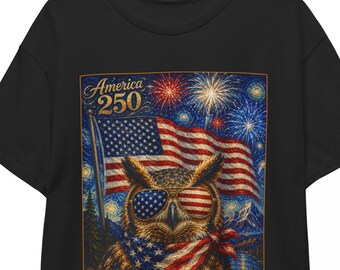 American 250 Owl Shirt | Starry Night 4th of July Tee | Patriotic Bird T-shirt | USA 250th Independence Day Unisex Top