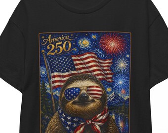 American 250 Sloth Shirt | Starry Night 4th of July Tee | Patriotic Animal T-shirt | USA 250th Independence Day Unisex Top