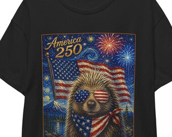 American 250 Hedgehog Shirt | Starry Night 4th of July Tee | Patriotic Animal T-shirt | USA 250th Independence Day Unisex Top