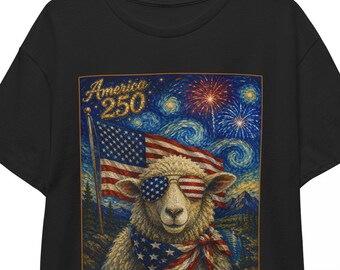 American 250 Sheep Shirt | Starry Night 4th of July Farming Tee | Patriotic Farm Animal T-shirt | USA 250th Independence Day Unisex Top