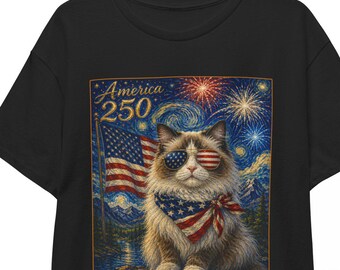 American 250 Ragdoll Cat Shirt | Starry Night 4th of July Tee | Patriotic Kitty T-shirt | USA 250th Independence Day Unisex Top