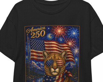 American 250 Mountain Lion Shirt | Starry Night 4th of July Tee | Patriotic Cougar T-shirt | 250th Independence Day USA Unisex Top