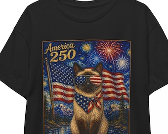 American 250 Siamese Cat Shirt | Starry Night 4th of July Tee | Patriotic Kitty T-shirt | USA 250th Independence Day Unisex Top