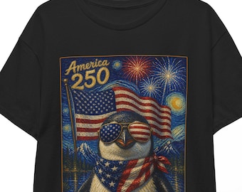 American 250 Penguin Shirt | Starry Night 4th of July Tee | Patriotic Animal T-shirt | USA 250th Independence Day Unisex Top