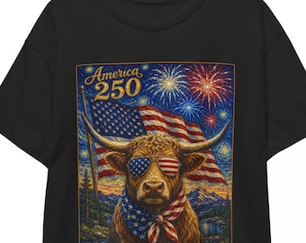 American 250 Ox Shirt | Starry Night 4th of July Tee | Patriotic Farm Animal T-shirt | USA 250th Independence Day Unisex Top
