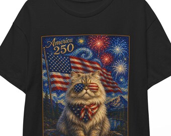 American 250 Persian Cat Shirt | Starry Night 4th of July Tee | Patriotic Kitty T-shirt | USA 250th Independence Day Unisex Top