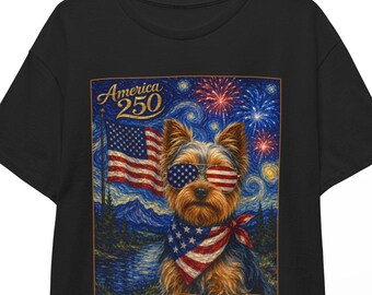 Yorkshire Terrier American 250 Yorkie Shirt | Starry Night 4th of July Tee | Patriotic Dog T-shirt | USA 250th Independence Day Unisex Top
