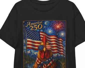 American 250 Rooster Shirt | Starry Night 4th of July Farm Animal Tee | Patriotic Chicken T-Shirt | USA 250th Independence Day Unisex Top