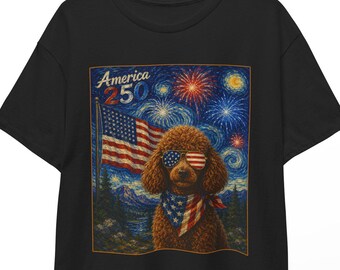 American 250 Brown Poodle Shirt | Starry Night 4th of July Puppy Tee | Patriotic Dog T-shirt | USA 250th Independence Day Unisex Top