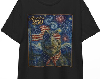 American 250 T-Rex Shirt | Starry Night 4th of July Dino Tee | Patriotic Dinosaur T-shirt | USA 250th Independence Day Unisex Top