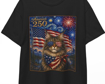 America 250 Maine Coon Cat Shirt | Starry Night 4th of July Animal Tee | Patriotic Kitty T-shirt | 250th Independence Day USA Unisex Top