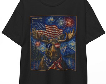 American 250 Moose Shirt | Starry Night 4th of July Wildlife Tee | Patriotic Animal T-shirt | USA 250th Independence Day Unisex Top