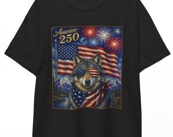 American 250 Wolf Shirt | Starry Night 4th of July Wildlife Tee | Patriotic Animal T-shirt | USA 250th Independence Day Unisex Top