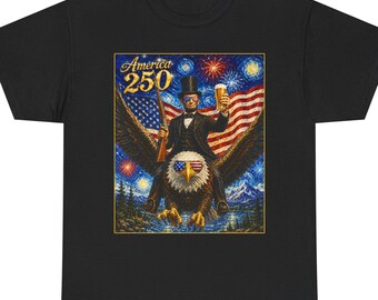 America 250 4th of July T-shirt Abraham Lincoln Flying Bald Eagle With Beer & Hunting Rifle Gun and USA Flag Glasses Tee Shirt