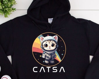 CATSA Cute Retro Cat Astronaut NASA Hoodie, Space Lover Gift, Kitten Shirt, Astronomy Shirt, Amateur Astronomer Tshirt Hooded Sweatshirt