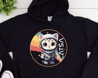 CATSA Cute Retro Cat Astronaut NASA Hoodie, Space Lover Gift, Kitten Shirt, Astronomy Shirt, Amateur Astronomer Tshirt Hooded Sweatshirt