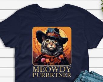 Meowdy Purrrtner T-shirt, Funny Cowboy Cat Shirt, Country Music Lover Gift Tshirt, Cute Western Cowboy Hat Kitten Unisex Tee for Men & Women