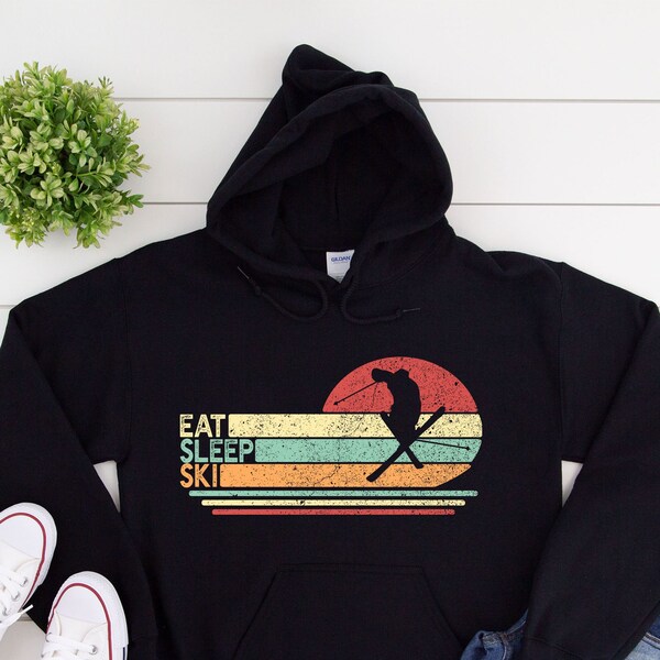 Eat Sleep Ski Shirt, Skiing Hoodie, Skier Gift, Warm Ski Clothes, Skiing Retirement Unisex Heavy Blend Hooded Sweatshirt