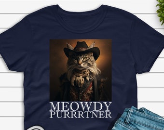 Meowdy Purrrtner T-shirt, Funny Cowboy Cat Shirt, Country Music Lover Gift Tshirt, Cute Western Cowboy Hat Kitten Unisex Tee for Men & Women
