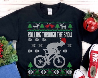 Cyclist Santa Hat | Rolling Through The Snow Funny Bicycle Ugly Christmas Sweatshirt | Bike Riding Lover Gift | Christmas Cycling Team Shirt