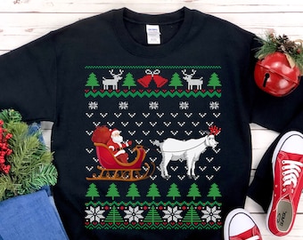 Goat Pulling Santa's Sleigh | Funny Goat Themed Ugly Christmas Sweatshirt | Goat Lover Gift | Christmas Goat Farmer Shirt | Pet Goat Owner