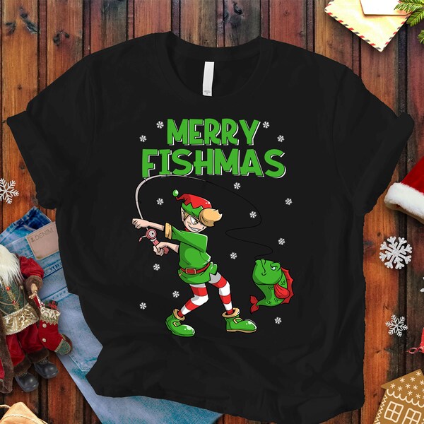 Merry Fishmas Elf T-Shirt, Weihnachts Angeln Shirt für Männer, Fischer Geschenk Tshirt, Angeln Papa Tshirt, Angeln Opa Unisex T-Shirt