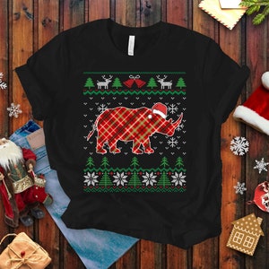 Plaid Rhino Ugly Christmas T-shirt, Rhinocerous Holiday Shirt, Unisex MM60