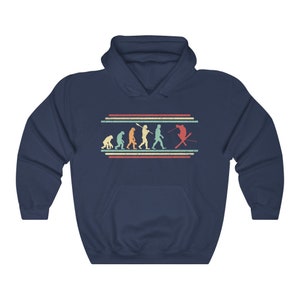 Skiing Hoodie, Evolution Ski Shirt for Men, Gift for Skier, Ski Lover Dad Long Sleeve Unisex Hooded Sweatshirt Navy