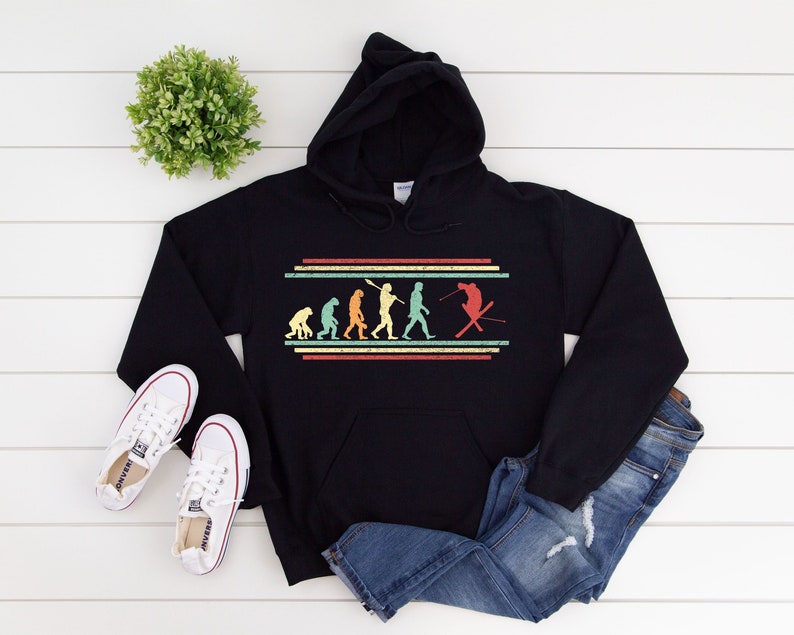 Skiing Hoodie, Evolution Ski Shirt for Men, Gift for Skier, Ski Lover Dad Long Sleeve Unisex Hooded Sweatshirt image 1