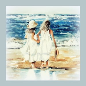 Grote luxe kunstkaart, Girls On The Beach, Children, Seaside, voor vrouw, zus, moeder, beste vriendin, verjaardagskaart, blanco binnenkant.