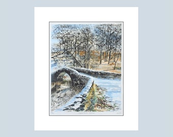 Yorkshire Dales, Large, Giclée Digital Print, Watercolour, Limited Edition, Gift, York, Snow, Landscape, Bridge, Art, Stream, Britain,