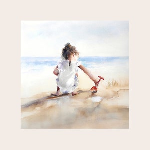 Luxury Art Card, Little Girl, Children on the Beach, Blank Inside, Seaside, Coast, Sea, Female Birthday, Thank you, Coastal Art, Cute Card image 1