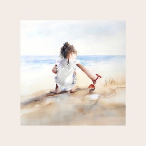 Carte d'art de luxe, petite fille sur la plage, vierge à l'intérieur, carte de bord de mer, côtière, pour femme, mère, fille, anniversaire, toute occasion.