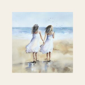 Biglietto di auguri di lusso, due bambine sulla spiaggia, in riva al mare, per sorella, migliore amica, amore, biglietto di amicizia, nostalgico, biglietto d'arte, compleanno