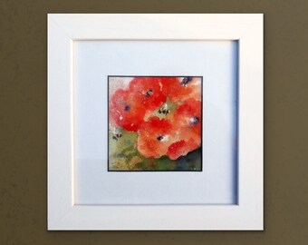Framed, Original Painting, Red Poppies, Flower Painting, With Bees, Watercolour, Small, Beautiful, Mothers Day Gift, Unique Gift, Nature Art
