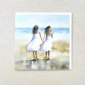 Luxury Greeting Card, Two Little Girls on the Beach, Seaside, For Sister, Best Friend, Love, Friendship Card, Nostalgic, Art Card, Birthday