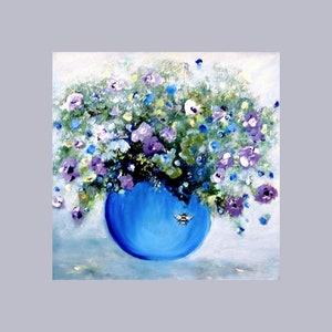 Bleu, fleurs violettes, abeille, dessin floral, carte d'art, pour femme, amie, fête des mères, Pâques de luxe, blanc, grande carte d'anniversaire carrée