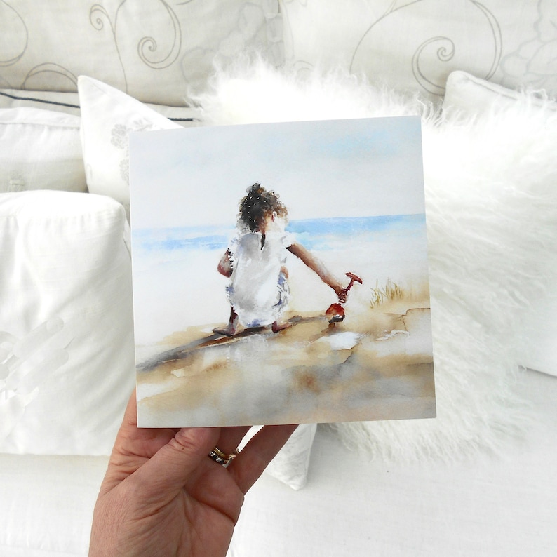 Luxury Art Card, Little Girl, Children on the Beach, Blank Inside, Seaside, Coast, Sea, Female Birthday, Thank you, Coastal Art, Cute Card image 4