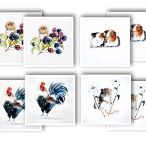 Puede incluir: Conjunto de ocho acuarelas que representan diferentes animales. Las acuarelas incluyen un ratón con moras, un gallo, un ratón con flores y dos conejillos de indias.
