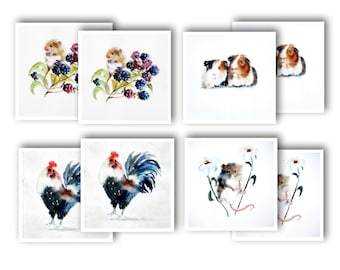 8 Large, Animal Cards, Multi pack, Assorted Designs, Art Cards, Blank Inside, Birthday Selection, Gift Pack, Easter Card Pack, Cute Designs