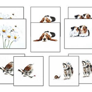 May include: A set of nine watercolor illustrations featuring various animals and nature scenes. The illustrations include a basset hound, two guinea pigs, two wrens, two owls, and a bouquet of daisies.