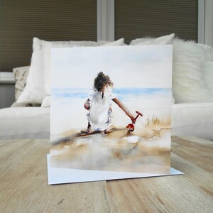 Luxury Art Card, Little Girl, Children on the Beach, Blank Inside, Seaside, Coast, Sea, Female Birthday, Thank you, Coastal Art, Cute Card image 3