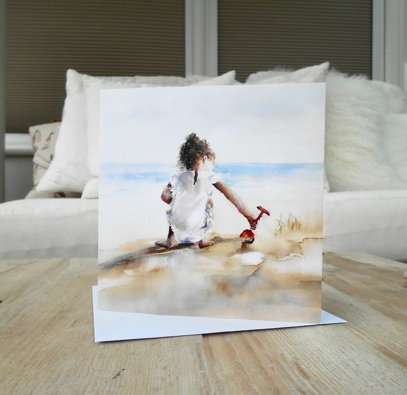 Luxury Art Card, Little Girl, Children on the Beach, Blank Inside, Seaside, Coast, Sea, Female Birthday, Thank you, Coastal Art, Cute Card image 3