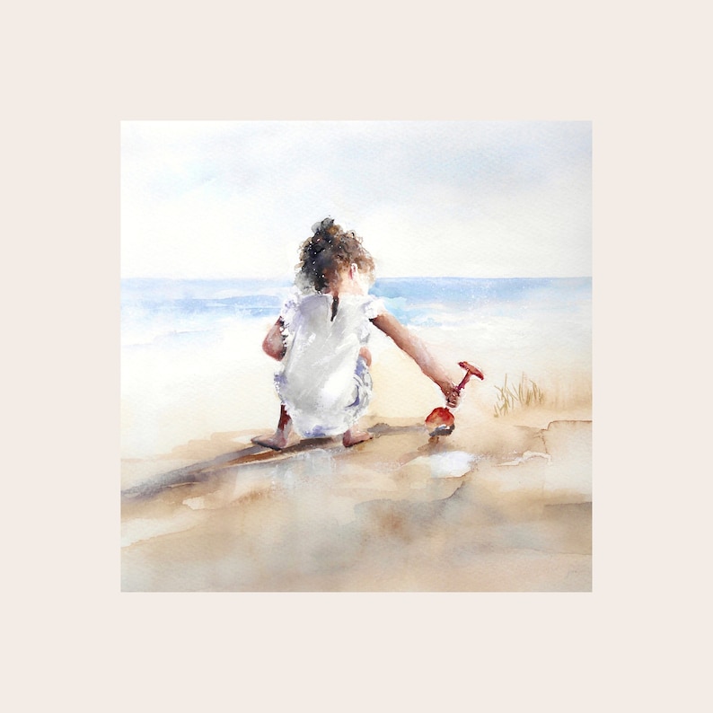 Luxury Art Card, Little Girl, Children on the Beach, Blank Inside, Seaside, Coast, Sea, Female Birthday, Thank you, Coastal Art, Cute Card image 1