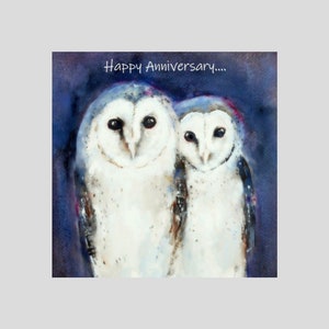 Tarjeta de arte de feliz aniversario, búhos, para aniversario de bodas, tarjeta grande con búho lindo, diseño contemporáneo, tarjeta con animales, caprichosa