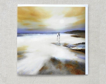 Tarjeta de amor, aniversario, cumpleaños, San Valentín, romántica, amistad, para él, para ella, tarjeta de arte masculina, femenina, temática de playa, interior en blanco