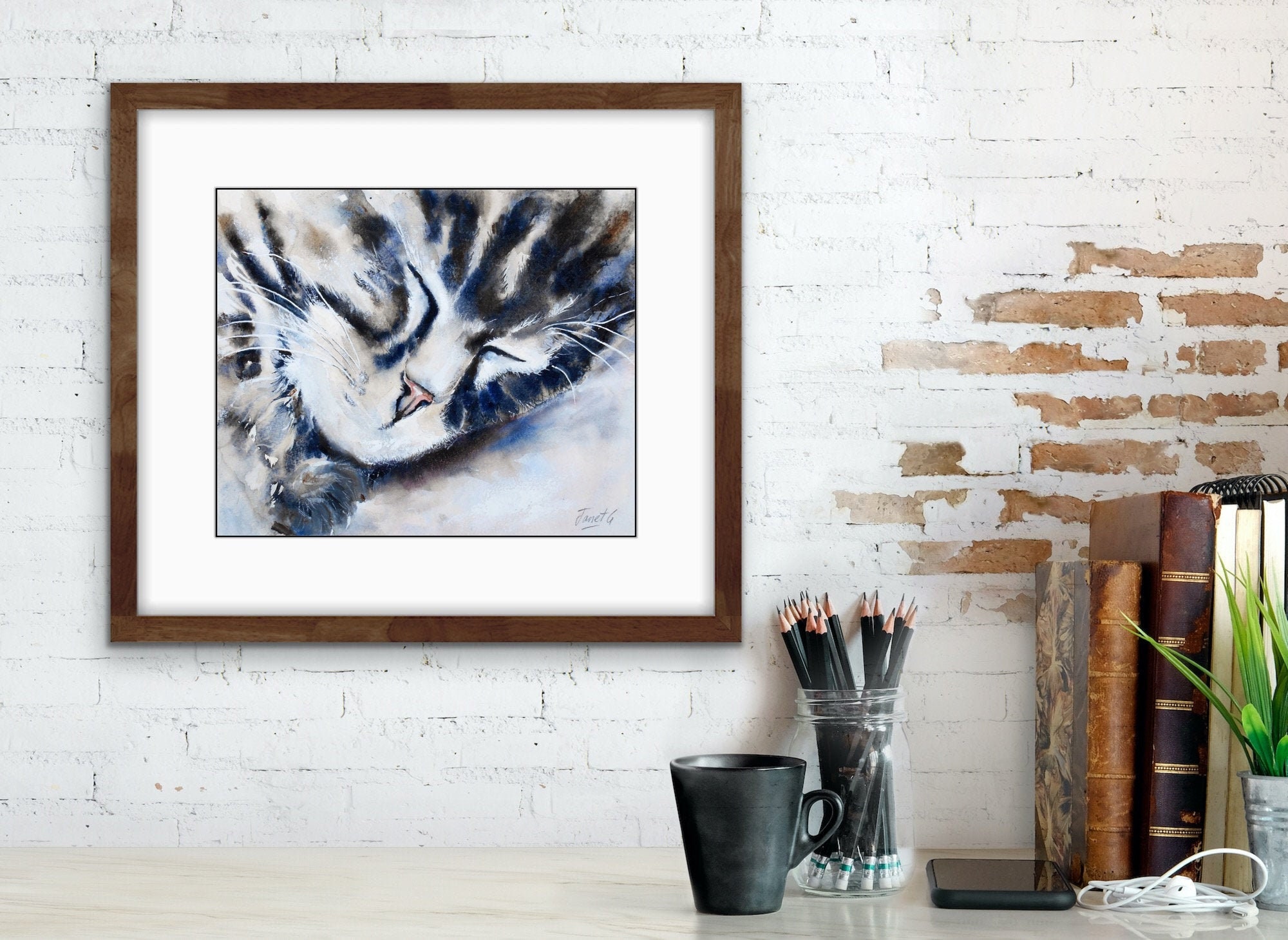 Original Framed Cat Painting Tabby Cat Art Watercolour for - Etsy
