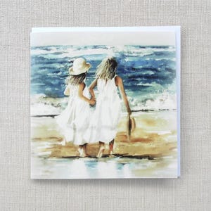 Large luxury art Card, Girls On The Beach, Children, Seaside, for female, sister, mother, best friend, Birthday card, Blank Inside.