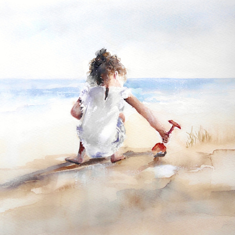 Luxury Art Card, Little Girl, Children on the Beach, Blank Inside, Seaside, Coast, Sea, Female Birthday, Thank you, Coastal Art, Cute Card image 2